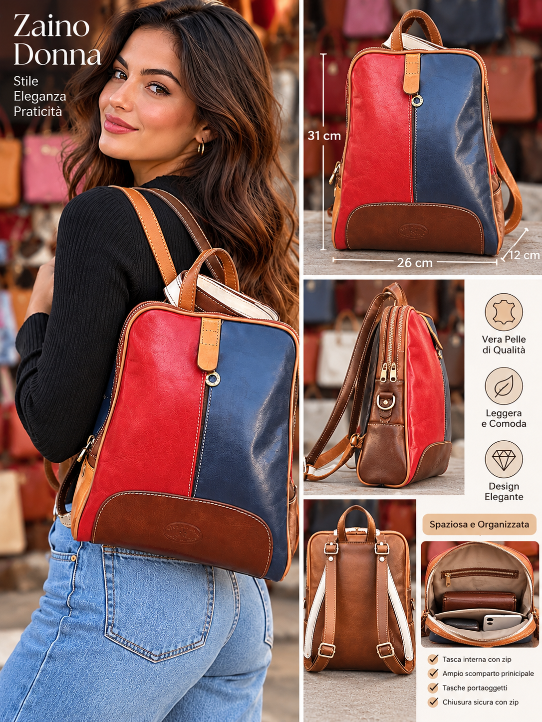 Zaino donna in ecopelle o pelle, multicolore rosso e blu, con dettagli marroni e color cuoio.
Categoria: pelletteria e accessori moda donna
Tipologia: zaino convertibile o zaino classico con doppio spallaccio
Materiale apparente: pelle o ecopelle goffrata