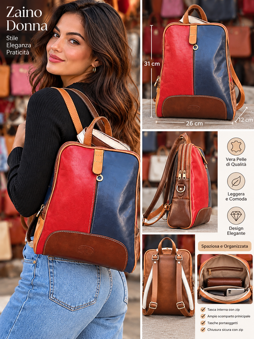 Zaino donna in ecopelle o pelle, multicolore rosso e blu, con dettagli marroni e color cuoio.
Categoria: pelletteria e accessori moda donna
Tipologia: zaino convertibile o zaino classico con doppio spallaccio
Materiale apparente: pelle o ecopelle goffrata
