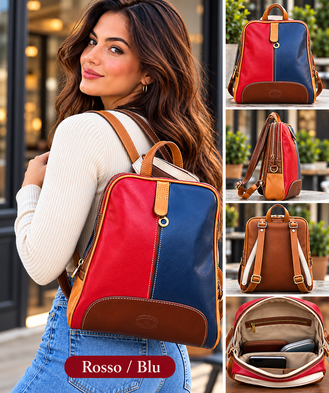Zaino donna in ecopelle o pelle, multicolore rosso e blu, con dettagli marroni e color cuoio.
Categoria: pelletteria e accessori moda donna
Tipologia: zaino convertibile o zaino classico con doppio spallaccio
Materiale apparente: pelle o ecopelle goffrata